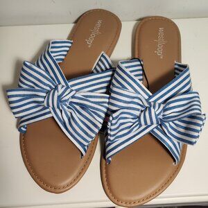 West Loop blue & white striped bow sandals, new with tags, size M (7/8)
